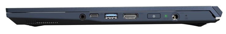 côté droit : prise 3,5 mm, USB-C 3.2 Gen2, USB-A 3.2 Gen1, HDMI 2.0, bouton d'alimentation, entrée d'alimentation