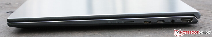 A droite : Lecteur de carte microSD, 2 x Thunderbolt 4 (USB-C 3.2 Gen 2x2), prise audio combo 3,5 mm, HDMI 2.0b
