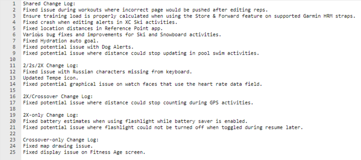 Le journal des modifications combinées pour le logiciel système 15.08. (Image source : Garmin)