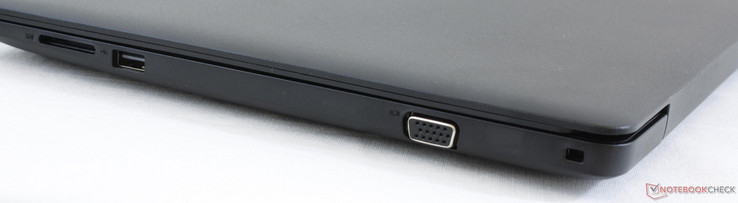 Côté droit : lecteur de carte SD, USB 2.0, VGA, verrou de sécurité Noble.