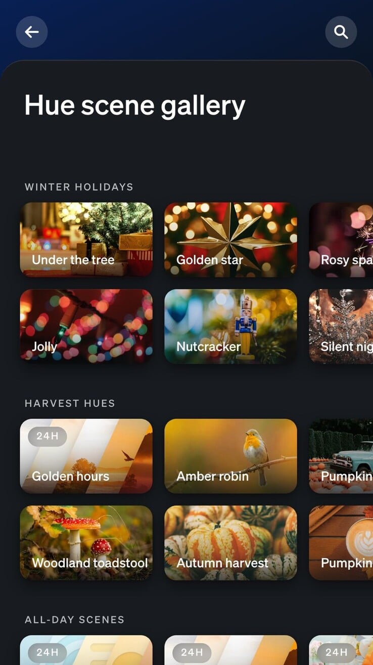 Les scènes de vacances d'hiver de Philips Hue. (Source de l'image : Capture d'écran de l'application Philips Hue)