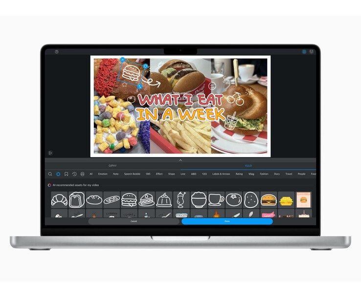 MacBook montrant l'application VLLO avec des autocollants suggérés par l'IA pour un vlog culinaire. (Source de l'image : Apple Newsroom)