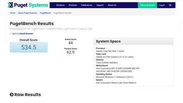 Intel Meteor Lake Core Ultra 7 1003H sur PugetBench Lightroom Classic. (Source : PugetBench)