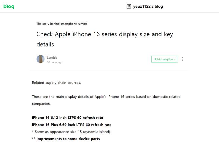 Le dernier billet du blog "iPhone 16-series display specs" (traduit). (Source : Naver)
