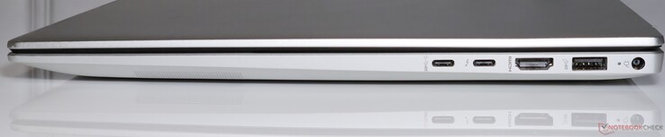 À droite : USB Type-C 10 Gbps, Thunderbolt 4 (avec sortie DisplayPort 1.4, alimentation), USB Type-A 10 Gbps, sortie HDMI 2.1, entrée DC