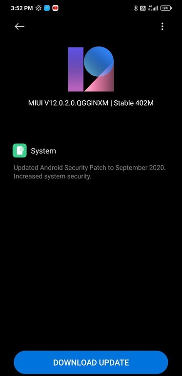Mise à jour de septembre 2020 pour le Redmi Note 8 Pro.