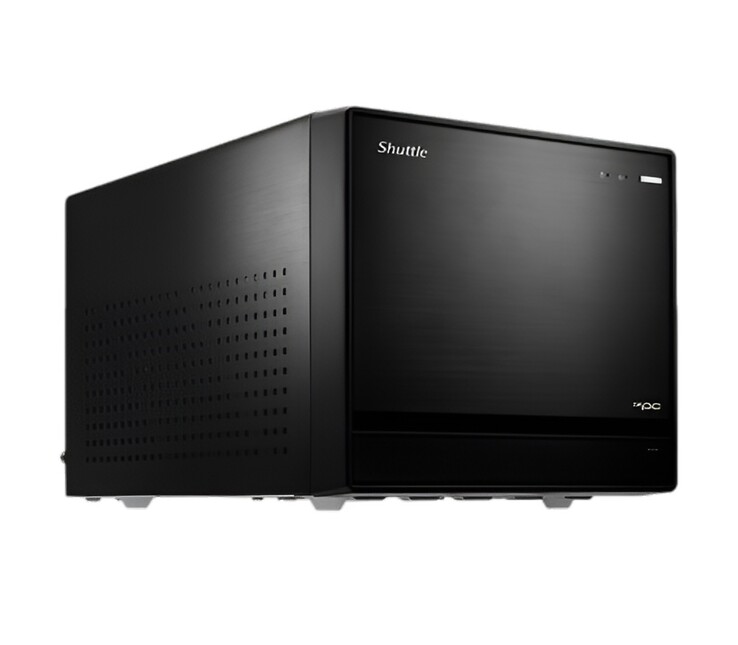 Cette image montre une autre vue de face du Shuttle XPC Cube SFF PC qui ressemble à une boîte rectangulaire noire 