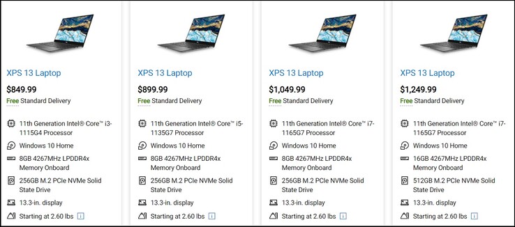 Options de configuration du Dell XPS 13 9305. (Source de l'image : Dell)