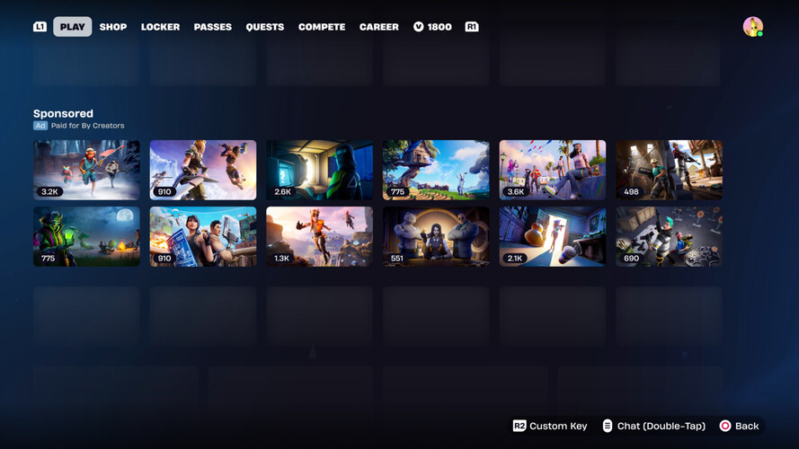 Une capture d'écran d'une section sponsorisée proposée dans le menu Découvrir de Fortnite. (Source de l'image : Epic Games)