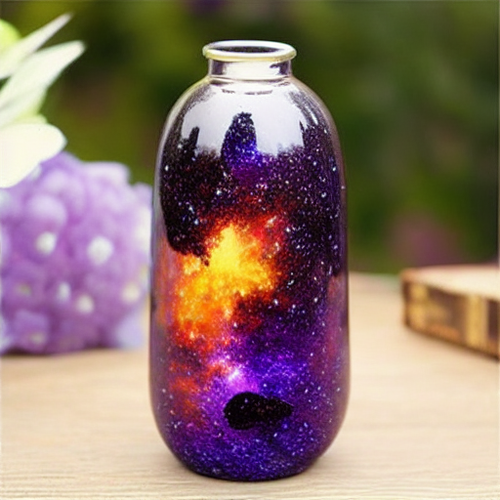 Exemple d'image d'une bouteille générée par l'IA avec une galaxie à l'intérieur, posée sur une simple table en bois. (Source de l'image : AI Generated)