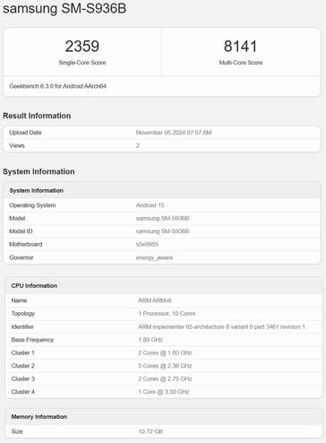 Liste Geekbench de l'Exynos 2500 avec le prototype Galaxy S25+ (source d'image : Geekbench)