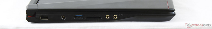 Côté gauche: Gigabit Ethernet, prise d'alimentation, USB 3.0, lecteur de carte SD, entrée microphone 3,5 mm, sortie casque 3,5 mm