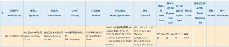 Le dernier appareil haut de gamme de Nubia subit les tests de 3C. (Source : 3C via GizmoChina)