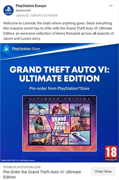 Publicité du PlayStation Store affichant la classification PEGI finale de GTA 6 sur PS5