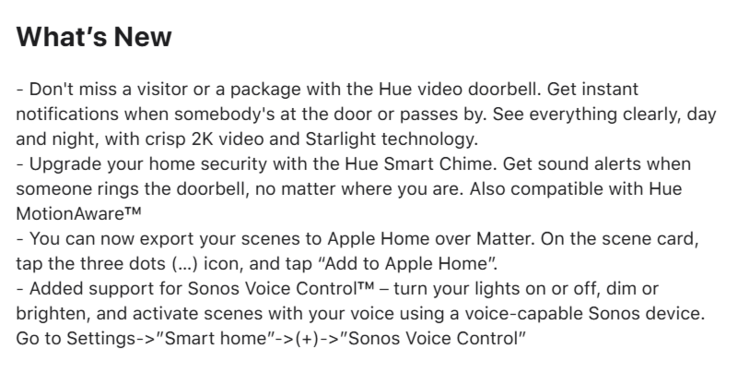 Les notes de mise à jour de la version 5.52.0 de l'application Philips Hue. (Source de l'image : Philips Hue)