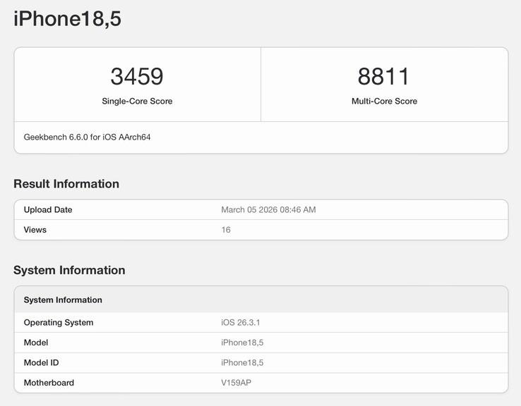 Le listing Geekbench de l'iPhone 17e.