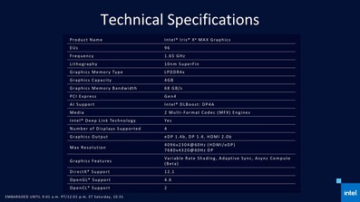 Spécifications Intel Xe Max. (Source : Intel)