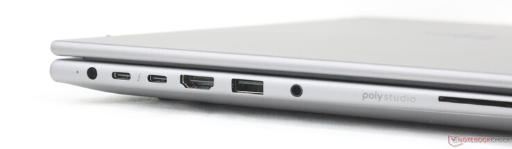 À gauche : adaptateur secteur, 2x USB-C Thunderbolt 4 avec DisplayPort 2.1 + Power Delivery (40 Gbps), HDMI 2.1, USB-A (5 Gbps), audio combo 3,5 mm, lecteur de carte à puce (en option)