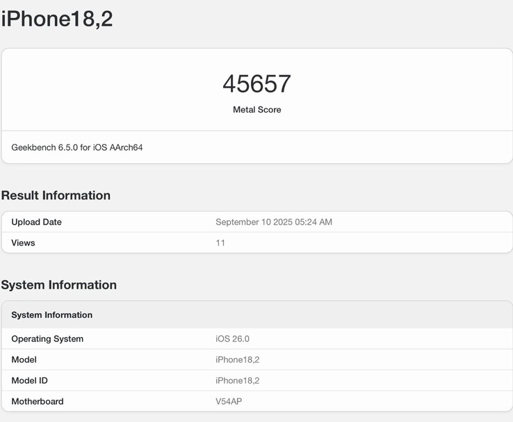 Capture d'écran Geekbench 6 montrant Apple iPhone 17 Pro avec A19 Pro le benchmark Metal GPU (Image source : @jimmyjames_tech sur Twitter)