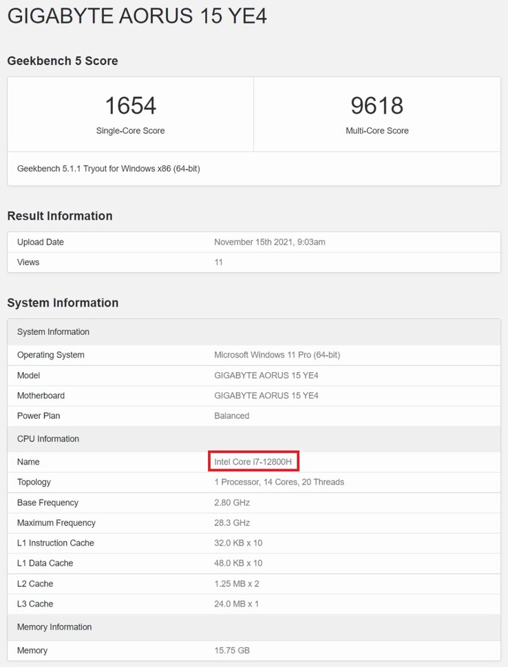 Intel Core i7-12800H. (Image source : Geekbench)