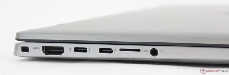À gauche : fente de verrouillage, HDMI 2.0, 2x USB-C avec Thunderbolt 4 + DisplayPort + Power Delivery, lecteur MicroSD, prise audio 3,5 mm