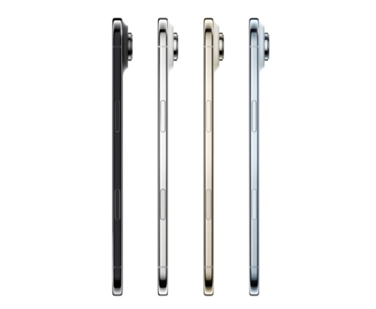 Vue de profil de quatre modèles d'iPhone Air Apple en noir, blanc, or et bleu (Image source : Apple)