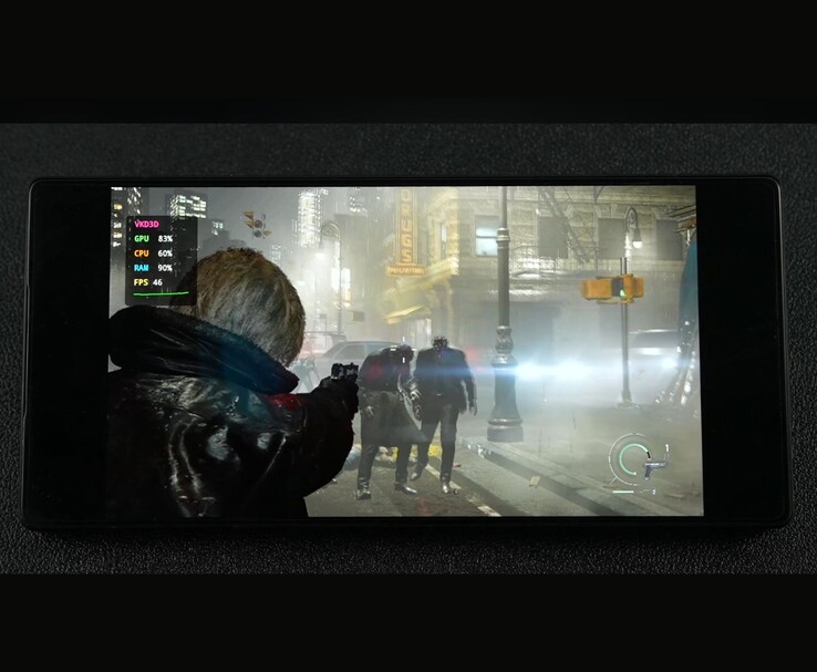 Resident Evil Requiem fonctionnant sur Android via une émulation PC montrant des performances de jeu en extérieur autour de 45 FPS.