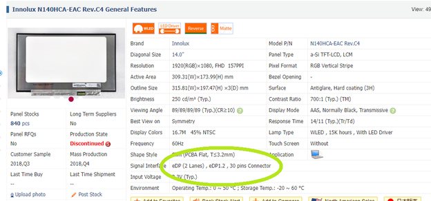 En regardant l'arrière du panneau de notre ordinateur portable, nous obtenons son nom exact : N140HCA-EAC Rev. C4. Il dispose d'une entrée eDP 1.2 à 30 broches et à 2 canaux selon Panelook (Source de l'image : capture d'écran)