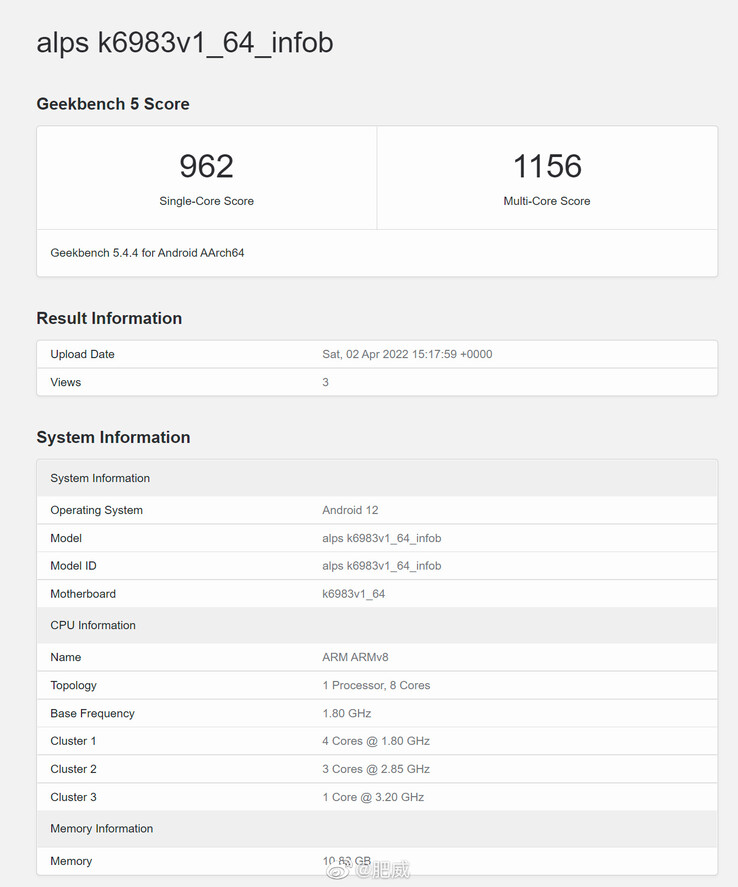 Dimensity 9000 overclocké sur Geekbench (image via Weibo)