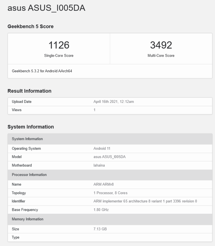 ASUS ZenFone 8 Mini 8GB RAM variant (image via Geekbench)