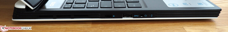 Côté gauche : USB C (avec DisplayPort), USB A, jack 3,5 mm.