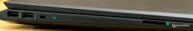 Côté gauche : 2 USB A 3.0 Gen 1, verrou de sécurité Kensington, LED d'activité du disque, lecteur de carte SD.