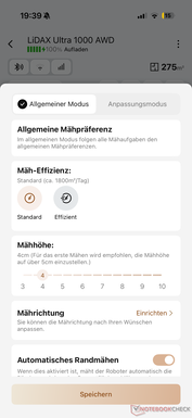Réglages de tonte dans l'application Mova