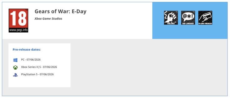 Gears of War : E-Day rating sur le site PEGI.