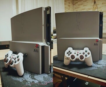 Console PS3 Slim Pro fabriquée à la main avec le logo du 30e anniversaire et une manette DualShock 3 blanche sur un bureau (Source de l'image : Fun-Equivalent-7785 via Reddit / r/PS3)