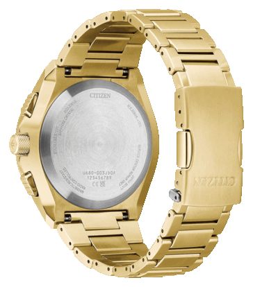 Vue arrière de la Citizen Promaster Skyhawk A-T JY8144-50E montrant son fond de boîtier en acier inoxydable portant les logos Promaster et Eco-Drive.