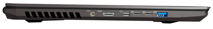 Côté gauche : entrée secteur, HDMI 2.0, Mini DisplayPort 1.4 (G-Sync), 2 USB C 3.2 Gen 2, USB A 3.2 Gen 1.