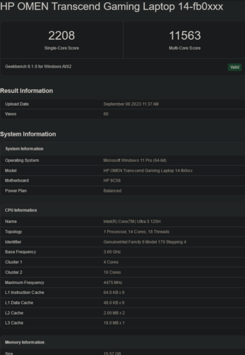 Ultra 5 125H (image Source : Geekbench)