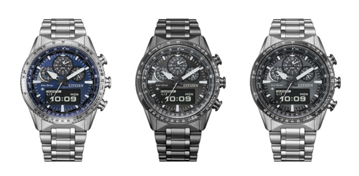 De gauche à droite, les Citizen Promaster Sky JV2000-51L, JV2005-58E et JV2006-55H. (Source de l'image : Citizen)