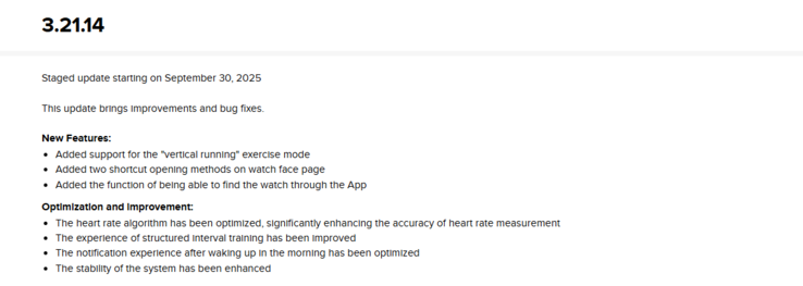 Les notes de mise à jour de la version 3.21.14 du logiciel de la Suunto Run. (Source de l'image : Suunto)