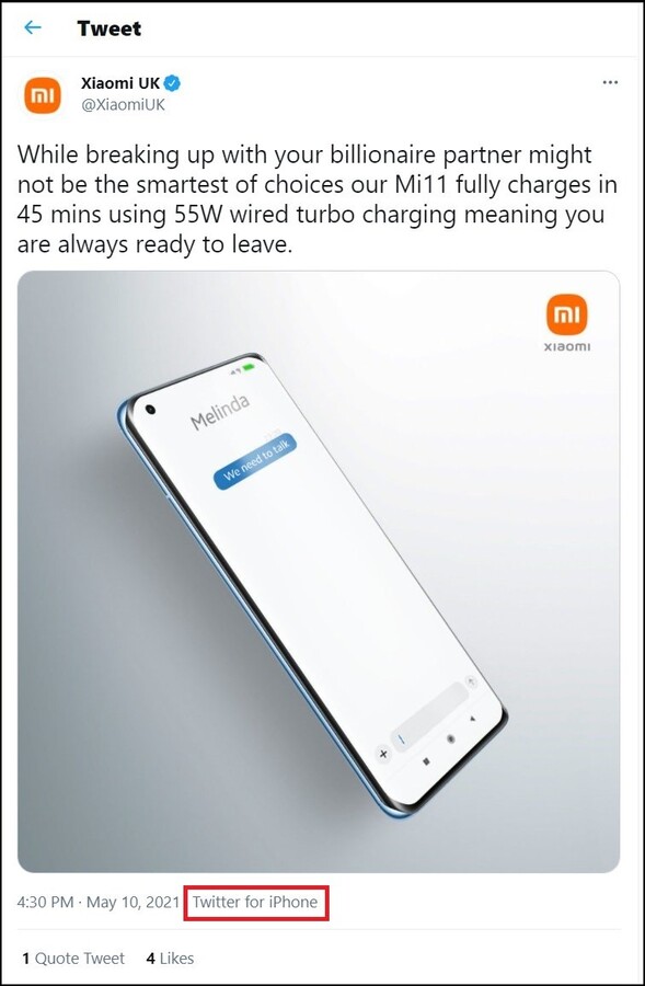 Tweet de chargement du Xiaomi Mi 11 envoyé depuis un iPhone. (Image source : @XiaomiUK via @MaxWinebach)