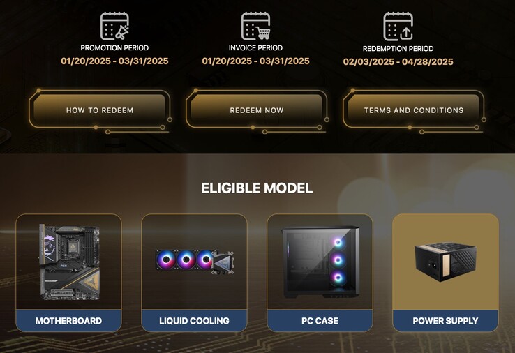 L'offre n'est valable que pour certains blocs d'alimentation, boîtiers PC, cartes mères et refroidisseurs AIO. (Source de l'image : MSI)