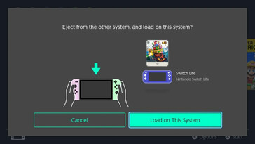 Écran de la Nintendo Switch demandant "Ejecter de l'autre console et charger sur cette console" avec la carte de jeu virtuelle Super Mario 3D World + Bowser's Fury affichée à côté d'une icône Switch Lite et d'une icône Switch OLED.