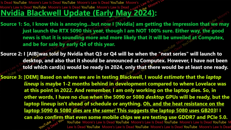 Rumeur concernant les UGS de l'ordinateur portable Nvidia Blackwell (image via Moore's Law is Dead sur YouTube)