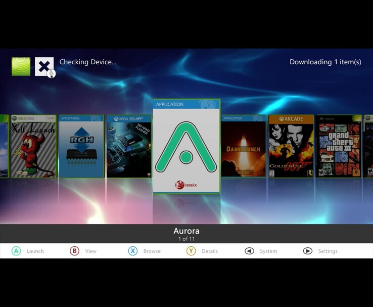 Menu homebrew de la Xbox 360 montrant l'icône Aurora dashboard sélectionnée, avec d'autres applications et jeux comme XeLL Launch, RGH, Dash Launch, GoldenEye 007, et Grand Theft Auto III visibles en arrière-plan. (Source de l'image : MrMario2011 sur YouTube)