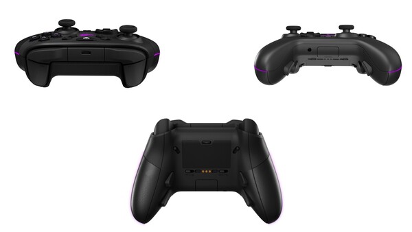 La manette sans fil Xbox ROG Raikiri II possède des points de contact pour le support de charge et des commutateurs de mode pour le type de connexion et d'appareil. (Source de l'image : Asus ROG)