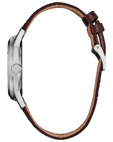 Vue de profil de la Citizen Rolan AW2110-14Z, mettant en valeur son boîtier en acier inoxydable, sa couronne et son bracelet en cuir.