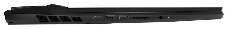 À gauche : port de charge, 2 x USB 3.2 Gen 2 (USB-A), lecteur de carte SD, prise combinée micro/casque