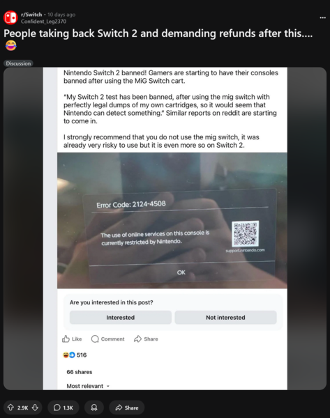 Switch 2 Interdiction de Nintendo Switch Online pour l'utilisation de cartouches flash Mig (Image source : Switch subreddit)