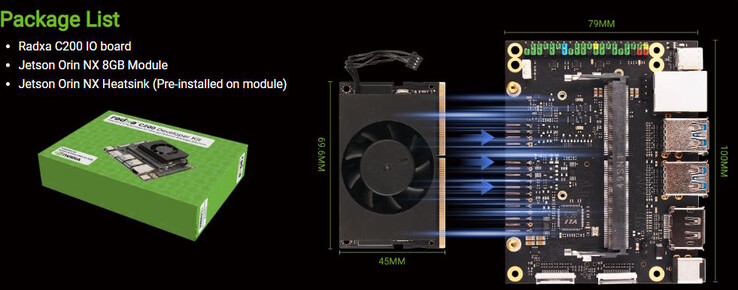 La C200 est essentiellement une carte porteuse avec un module Jetson Orin NX de 8 Go activement refroidi (Image source : Radxa)